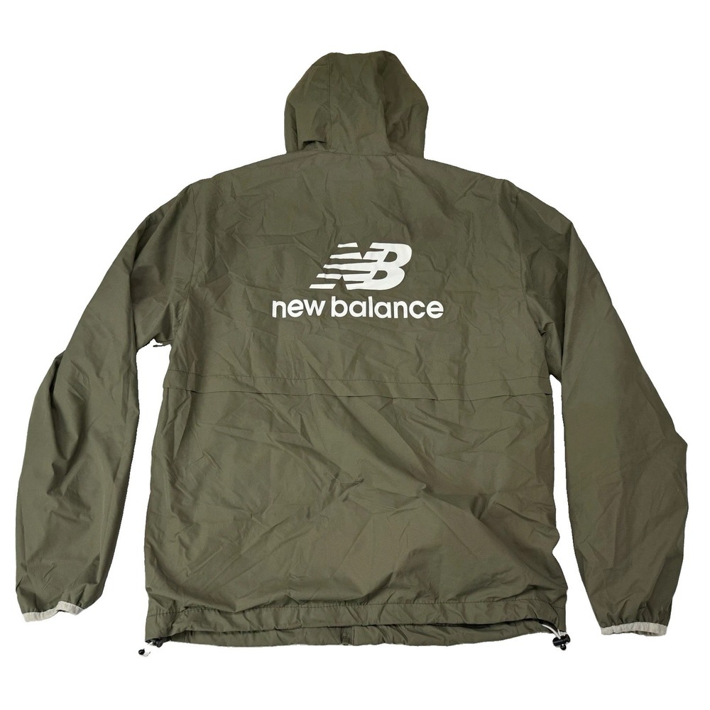 New Balance Jacket Mens Med Green Olive Hooded Lined Full Zip Pockets Spell Out